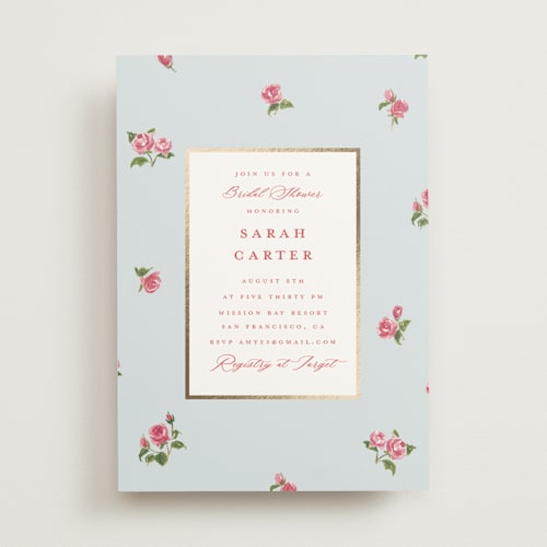 This is a sky bridal shower invitations with foil pressed by Teju Reval called romantic roses printing on signature in standard