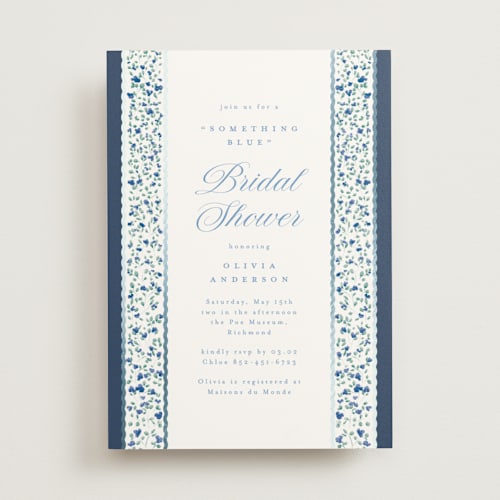 This is a cobalt bridal shower invitations with foil pressed by Gwen Bedat called blue printing on signature in standard