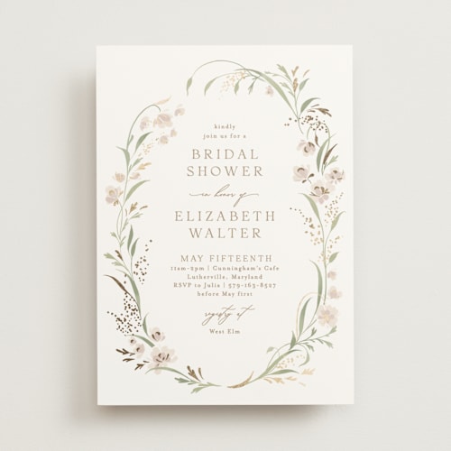 This is a spring mist bridal shower invitations with foil pressed by Erin L. Wilson called meadow printing on signature in standard