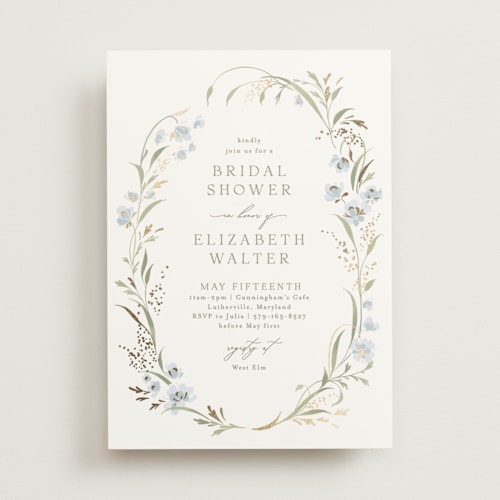 This is a blue bonnet bridal shower invitations with foil pressed by Erin L. Wilson called meadow printing on signature in standard