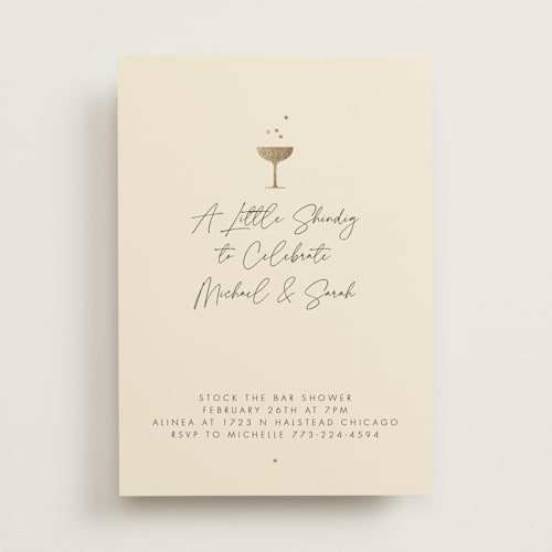 This is a champagne bridal shower invitations with foil pressed by mo kelley called a little shindig printing on signature in standard