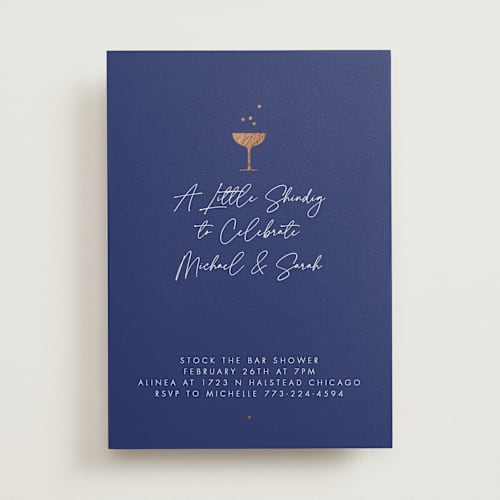 This is a royal blue bridal shower invitations with foil pressed by mo kelley called a little shindig printing on signature in standard