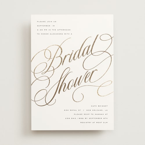 This is a snow bridal shower invitations with foil pressed by Stacy Maalouf called bridal shower script printing on signature in standard