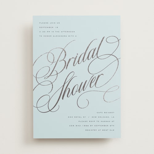 This is a sky bridal shower invitations with foil pressed by Stacy Maalouf called bridal shower script printing on signature in standard