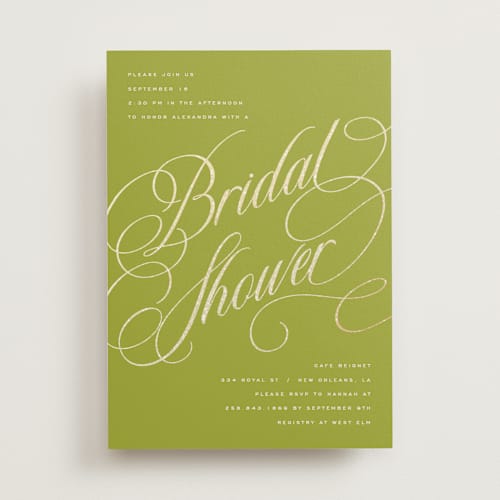 This is a chartreuse bridal shower invitations with foil pressed by Stacy Maalouf called bridal shower script printing on signature in standard