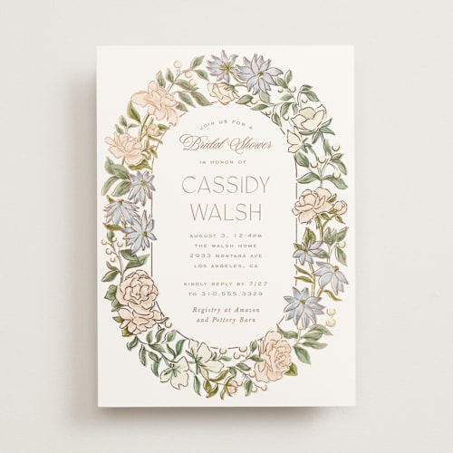 This is a neopolitan bridal shower invitations with foil pressed by Leah Bisch called oval wreath printing on signature in standard
