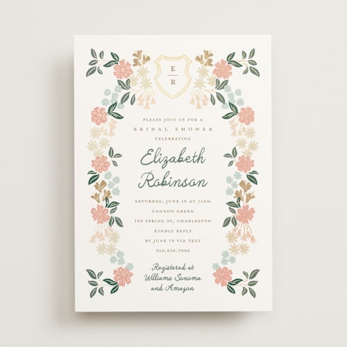 This is a evergreen bridal shower invitations with foil pressed by Erin German called libby printing on signature in standard