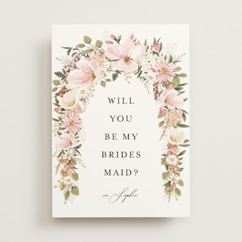 This is a blush will you be my bridesmaid cards with standard by Susan Moyal called floral arch printing on signature in standard