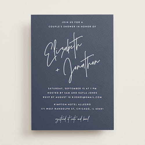 This is a navy bridal shower invitations with standard by JoAnn Jinks called marked printing on signature in standard