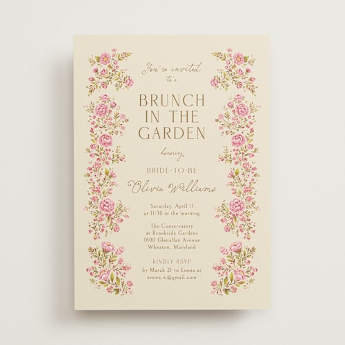 This is a cream bridal shower invitations with standard by Paola Benenati called in the garden printing on signature in standard