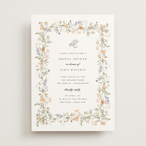 This is a apricot bridal shower invitations with standard by Lori Wemple called floral frame printing on signature in standard