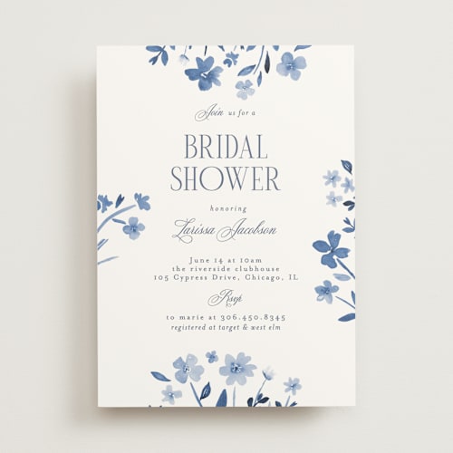 This is a cerulean bridal shower invitations with standard by Nicole Walsh called garden printing on signature in standard