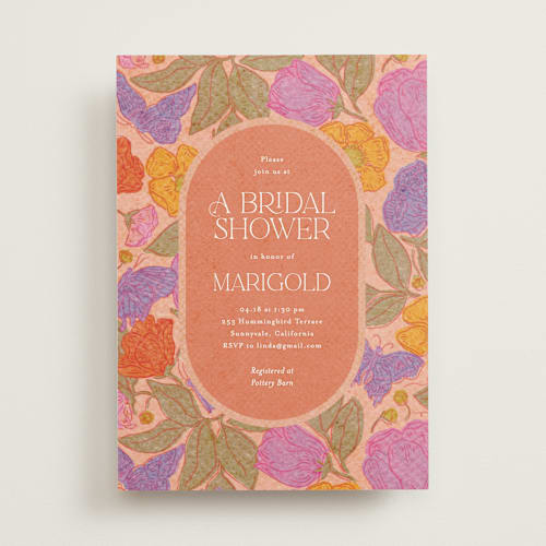 This is a peach bridal shower invitations with standard by Simona Camp called vintage garden printing on signature in standard