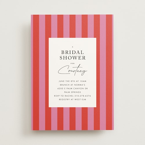 This is a strawberry bridal shower invitations with standard by mo kelley called bold stripes printing on signature in standard
