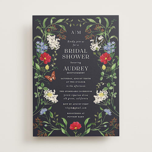 This is a midnight bridal shower invitations with standard by Sarah Knight called wild meadow printing on signature in standard