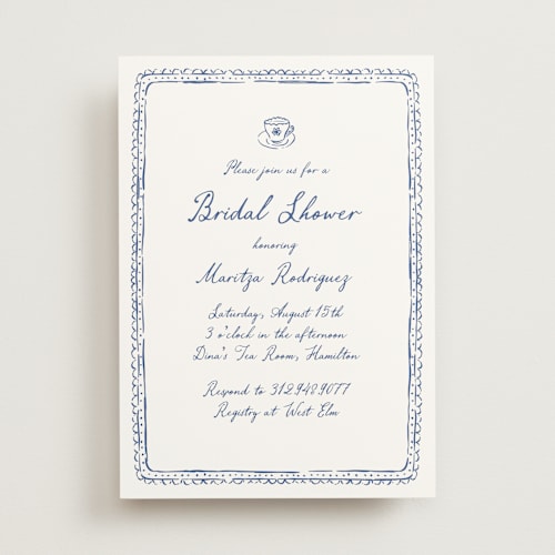 This is a cobalt bridal shower invitations with standard by Carmia Jordaan called tea cup doodle printing on signature in standard