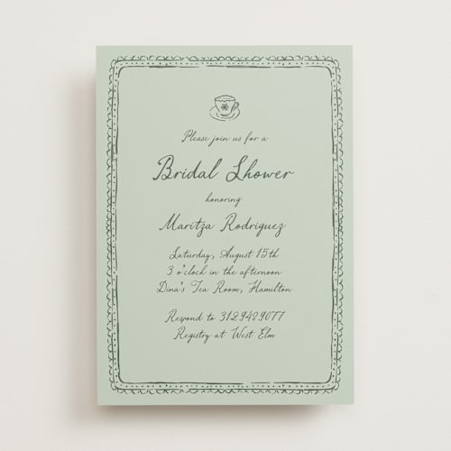 This is a mint bridal shower invitations with standard by Carmia Jordaan called tea cup doodle printing on signature in standard