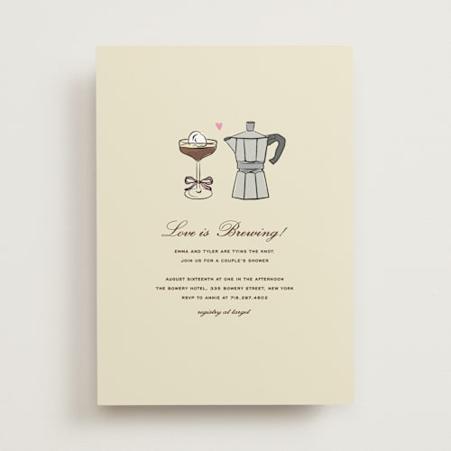 This is a cream bridal shower invitations with standard by Jennifer Lew called espresso printing on signature in standard