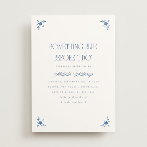 This is a porcelain bridal shower invitations with standard by Morgan Kendall called delft printing on signature in standard