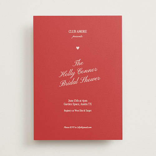 This is a ruby bridal shower invitations with standard by Helena Vitto called club amore printing on signature in standard