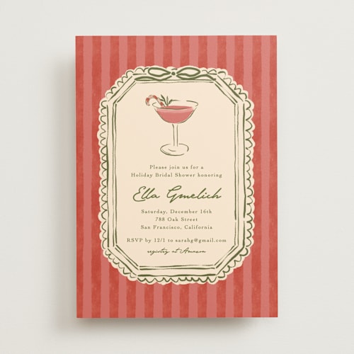 This is a candy cane bridal shower invitations with standard by Susan Zinader called cheers to you printing on signature in standard
