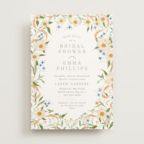 This is a perfectly peach bridal shower invitations with standard by Erin L. Wilson called wildflower wreath printing on signature in standard