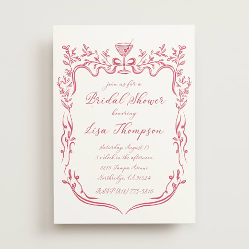 This is a cranberry bridal shower invitations with standard by Lucrecia Caporale called fun cocktails printing on signature in standard