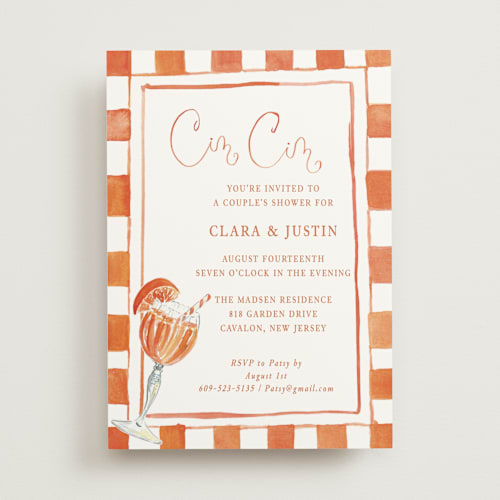 This is a tangerine bridal shower invitations with standard by West Foglia called cin cin spritz printing on signature in standard