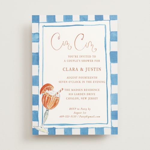 This is a powder blue bridal shower invitations with standard by West Foglia called cin cin spritz printing on signature in standard