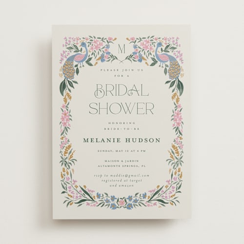 This is a peacock bridal shower invitations with standard by Vera Lim called paonne printing on signature in standard
