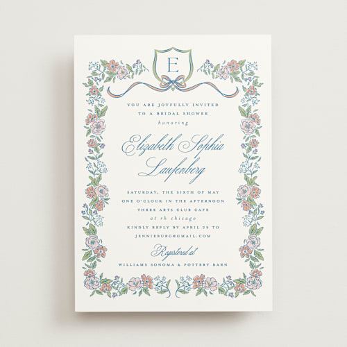 This is a peony bridal shower invitations with standard by Erin German called floral frame crest printing on signature in standard