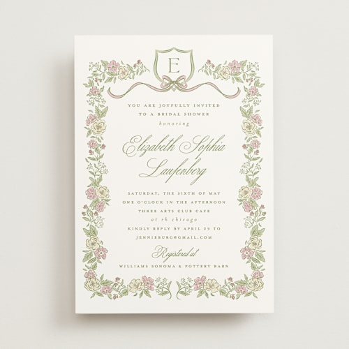 This is a grass bridal shower invitations with standard by Erin German called floral frame crest printing on signature in standard