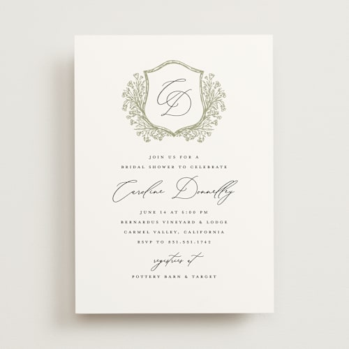 This is a olive bridal shower invitations with standard by Erin Deegan called traditional monogram printing on signature in standard