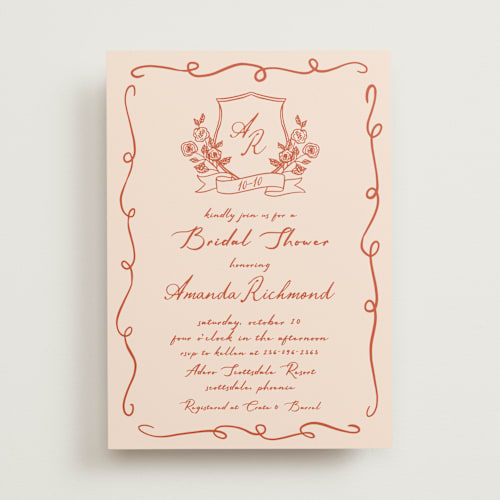 This is a peach bridal shower invitations with standard by Sherley Ferreira called bridal crest printing on signature in standard