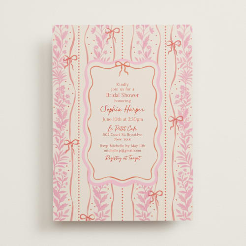 This is a strawberry bridal shower invitations with standard by Elly called cottage ribbons printing on signature in standard
