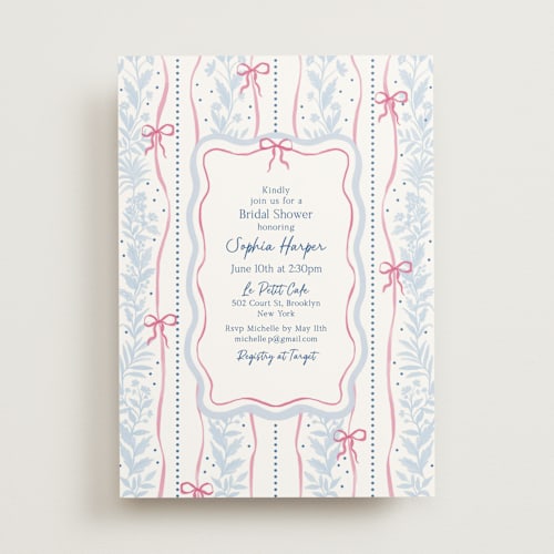 This is a blueberry bridal shower invitations with standard by Elly called cottage ribbons printing on signature in standard