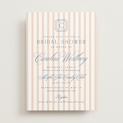 This is a coral bridal shower invitations with standard by Erin German called preppy printing on signature in standard