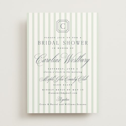 This is a honeydew bridal shower invitations with standard by Erin German called preppy printing on signature in standard