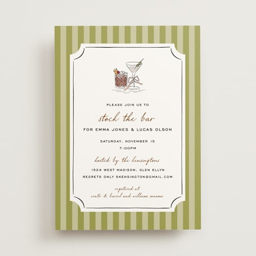 This is a olive bridal shower invitations with standard by Erin German called stock the barware printing on signature in standard