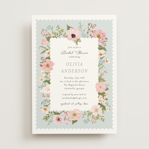 This is a blush bridal shower invitations with standard by Susan Moyal called blooming printing on signature in standard