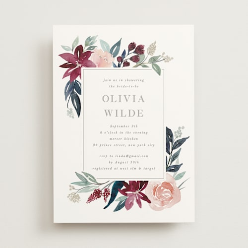 This is a burgundy bridal shower invitations with standard by Creo Study called garden stroll printing on signature in standard