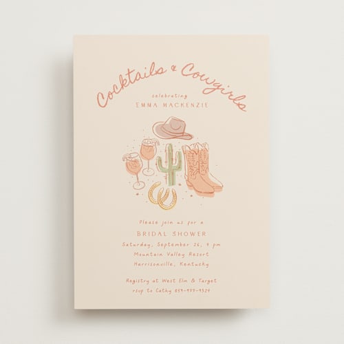 This is a sand bridal shower invitations with standard by frau brandt called cocktails & cowgirls printing on signature in standard