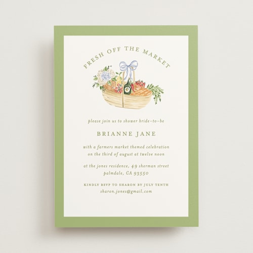 This is a sage leaf bridal shower invitations with standard by Sarah Knight called market printing on signature in standard