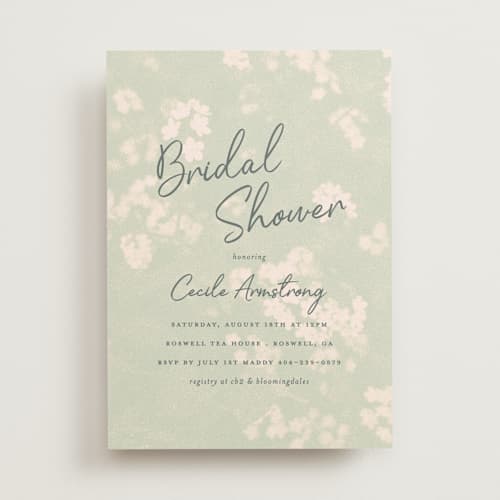 This is a celadon bridal shower invitations with standard by Morgan Kendall called vintage florals printing on signature in standard
