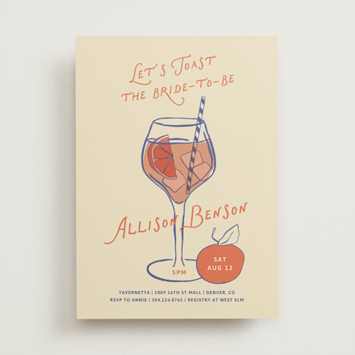 This is a persimmon bridal shower invitations with standard by Kelly Watkins called a bridal spritz printing on signature in standard