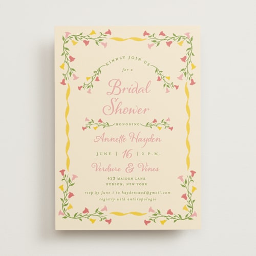 This is a golden bridal shower invitations with standard by Sarah Rosenthal called gardenia printing on signature in standard