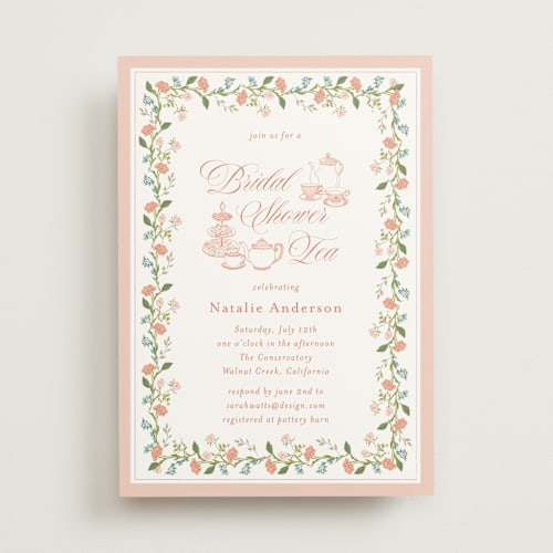 This is a melon bridal shower invitations with standard by Susan Moyal called garden tea printing on signature in standard