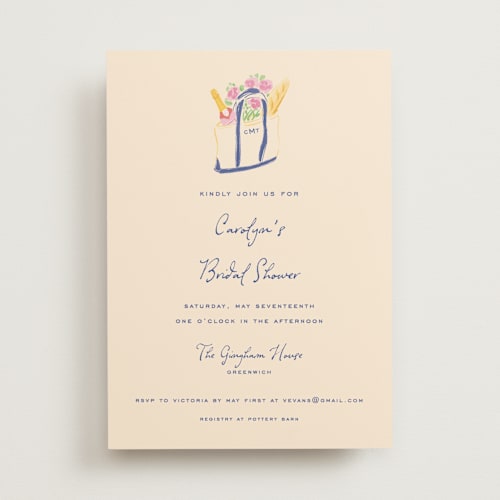 This is a cobalt bridal shower invitations with standard by Sarah Rosenthal called out east printing on signature in standard