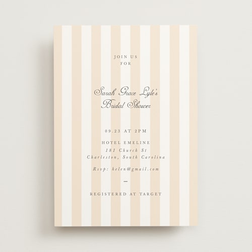 This is a peach bridal shower invitations with standard by Sara Hicks Malone called awning stripe printing on signature in standard