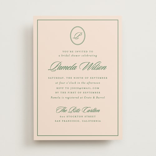 This is a emerald bridal shower invitations with standard by Creo Study called scripted printing on signature in standard